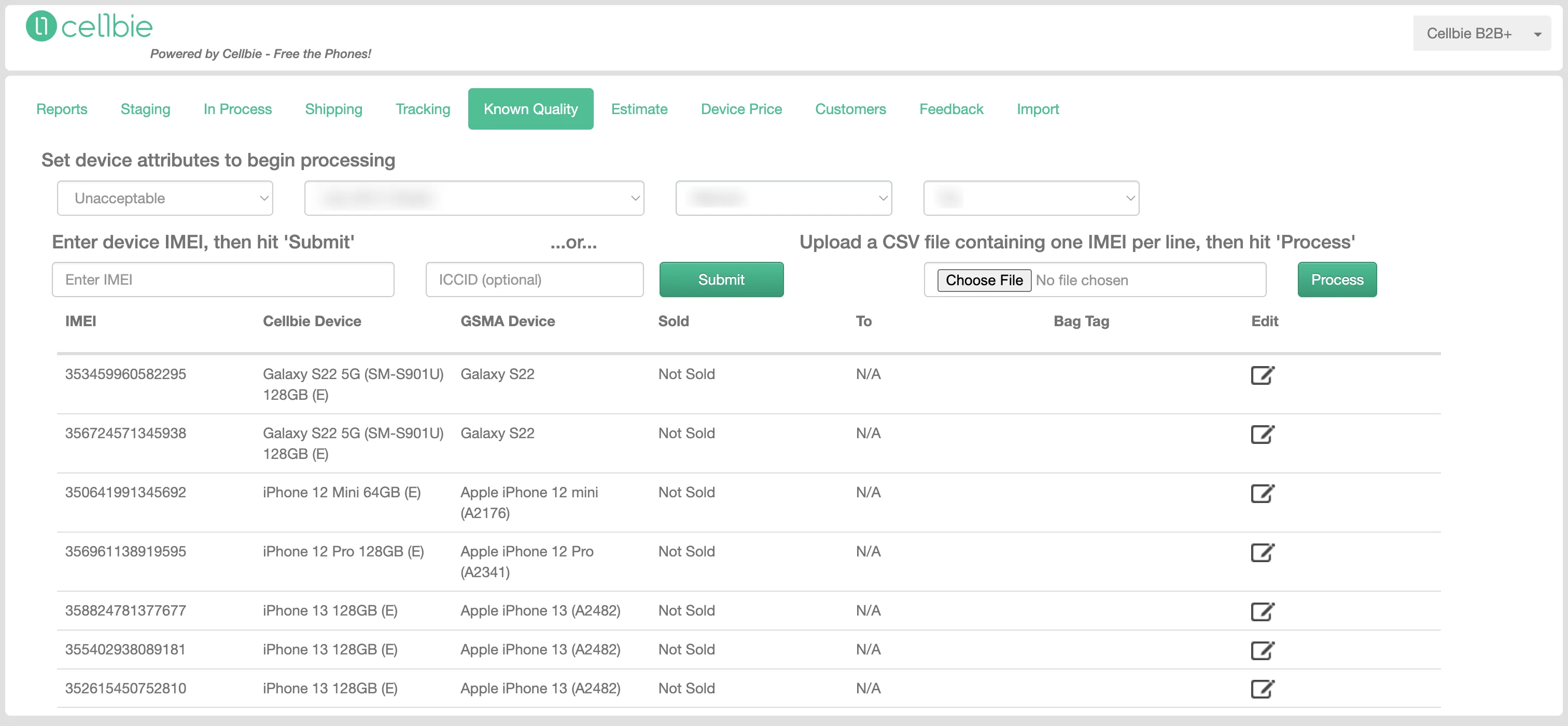 Catalog upload interface showing diagnostics file import with device list and condition grades