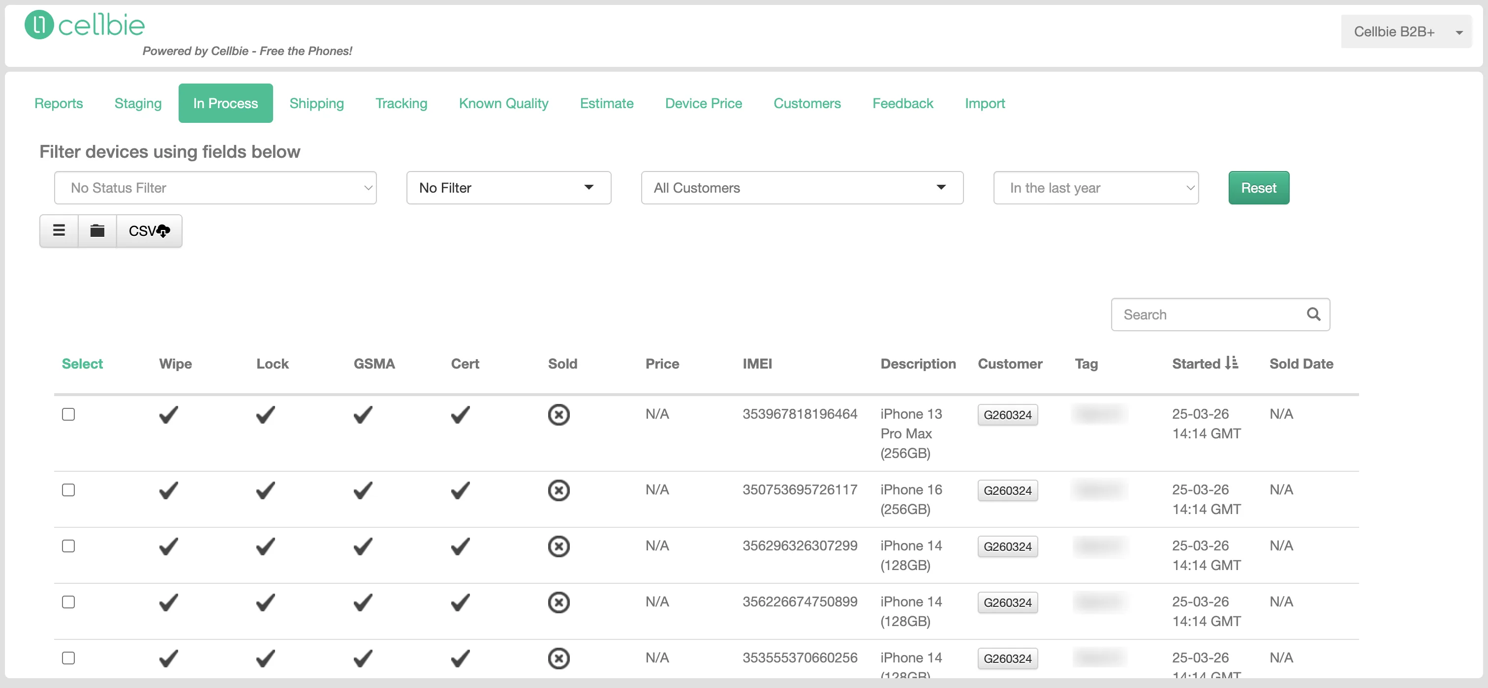 Processed devices with custom tags for batch tracking and reconciliation