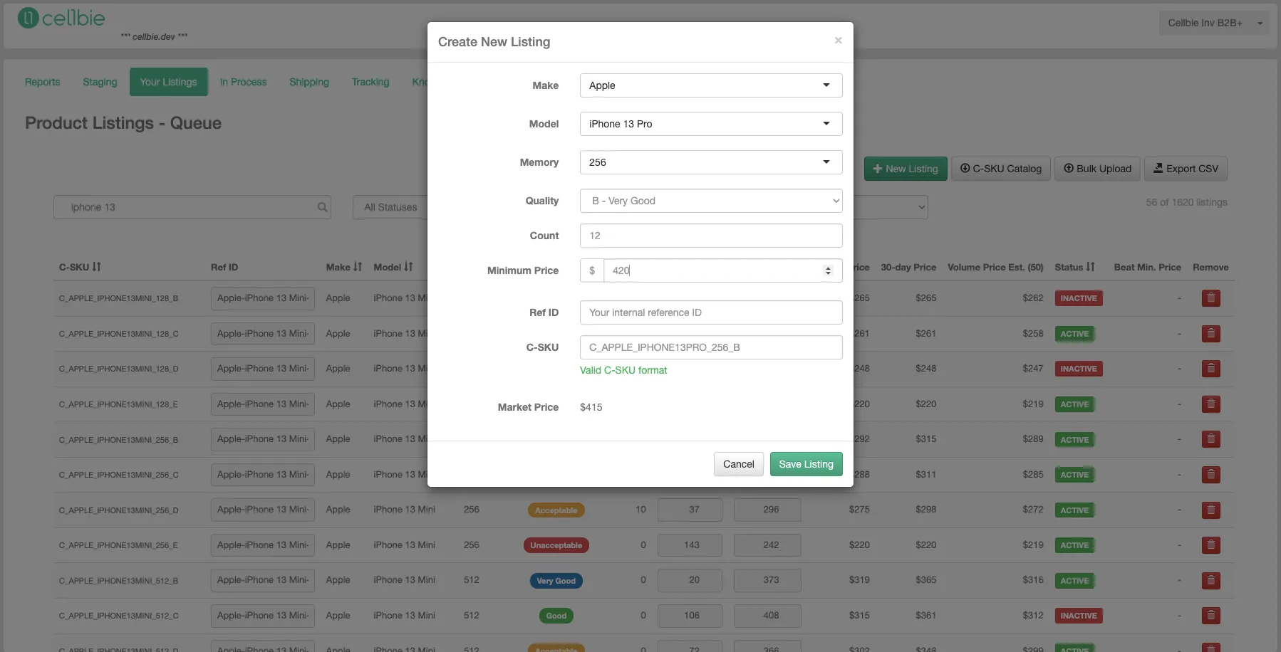 Add listing modal with model, condition, quantity, and minimum price fields