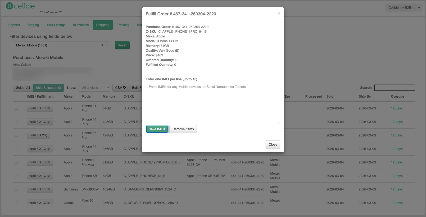 Order fulfillment screen with IMEI entry and carrier tracking number fields