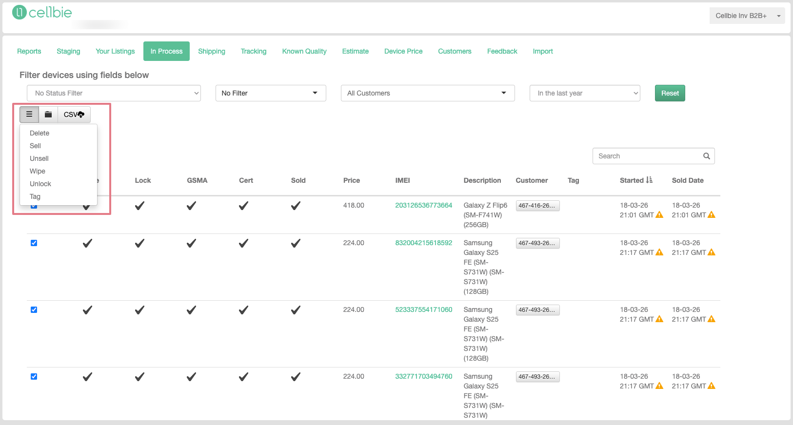 Action menu dropdown showing Delete, Sell, Unsell, Wipe, Unlock, Tag options.