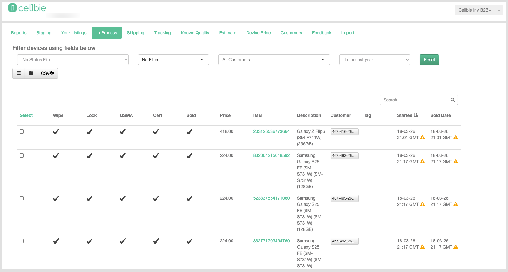 In Process tab showing device list with status columns (Wipe, Lock, GSMA, Cert, Sold).