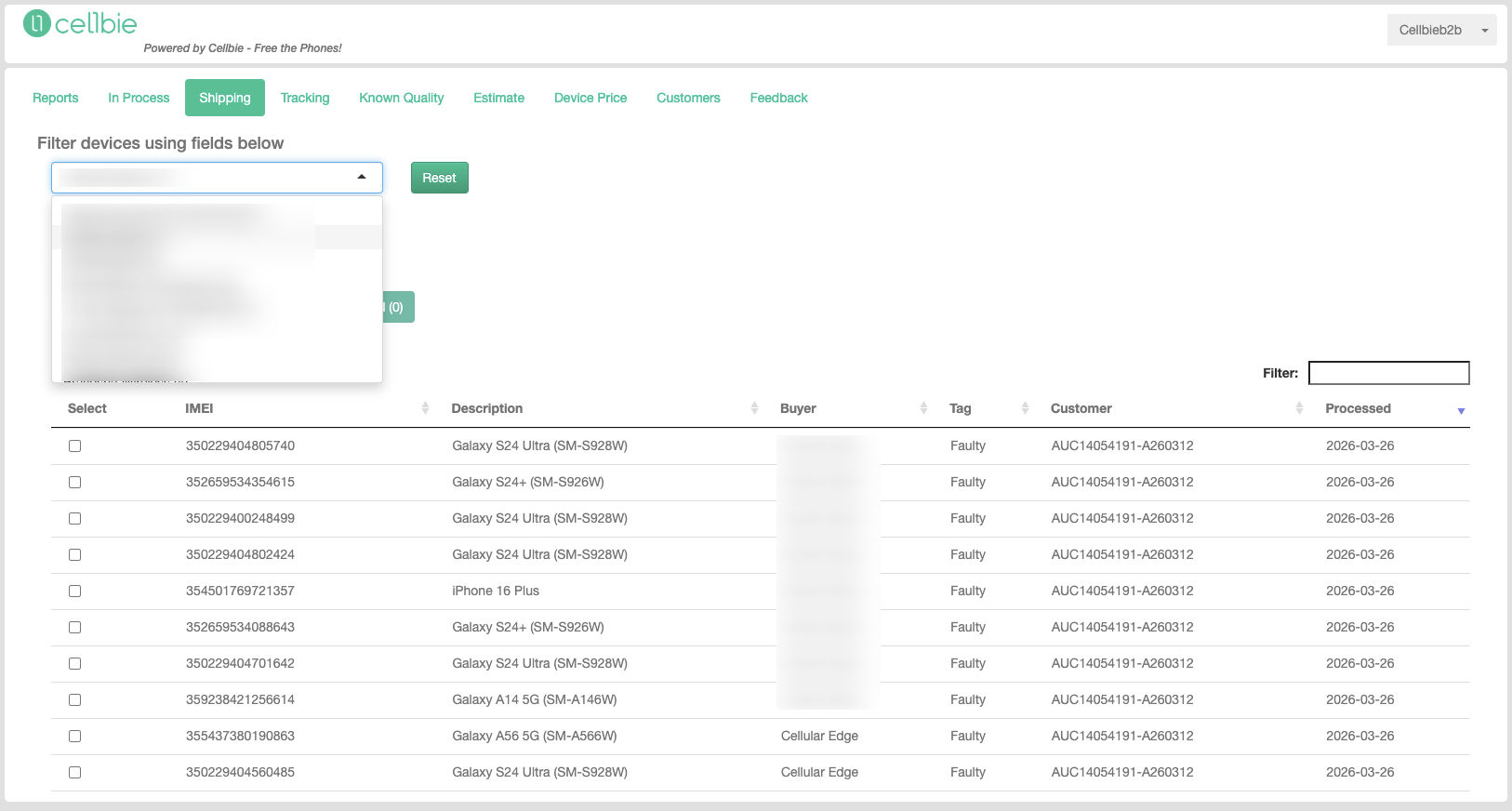Shipping tab with filter fields and device list.