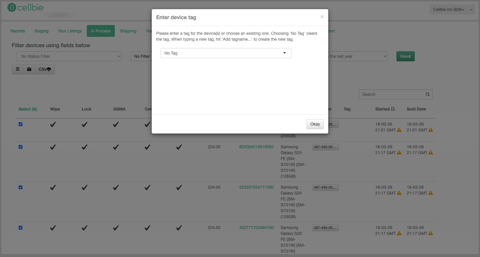In Process list with Tag column showing batch entries.