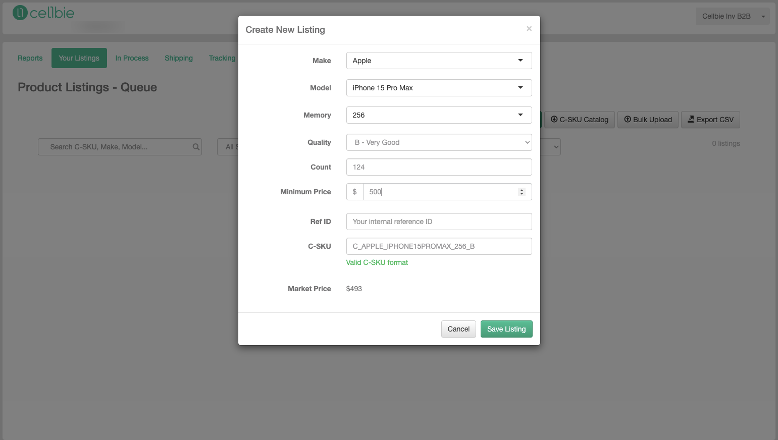Create New Listing — select a model, set your quantity and minimum price.