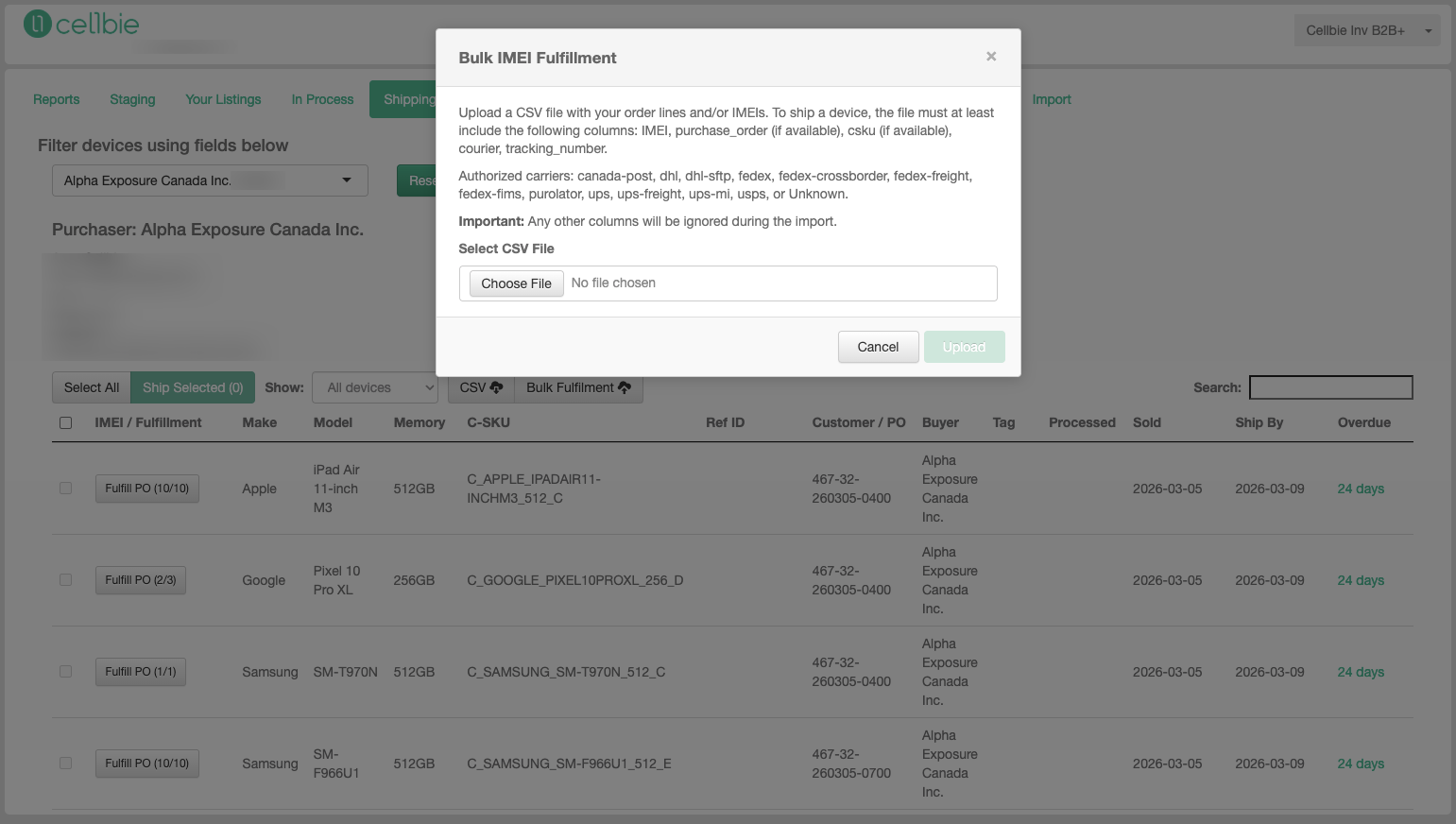 Bulk IMEI Fulfillment modal showing file upload and authorized carriers list.
